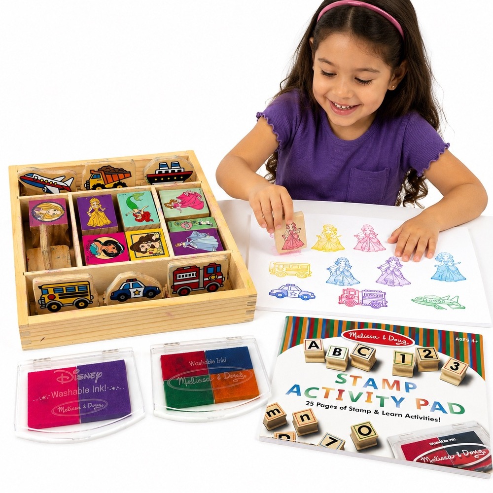Melissa & Doug Disney Princess & Vehicle Wooden Stamp Lot Ink Activity Pad